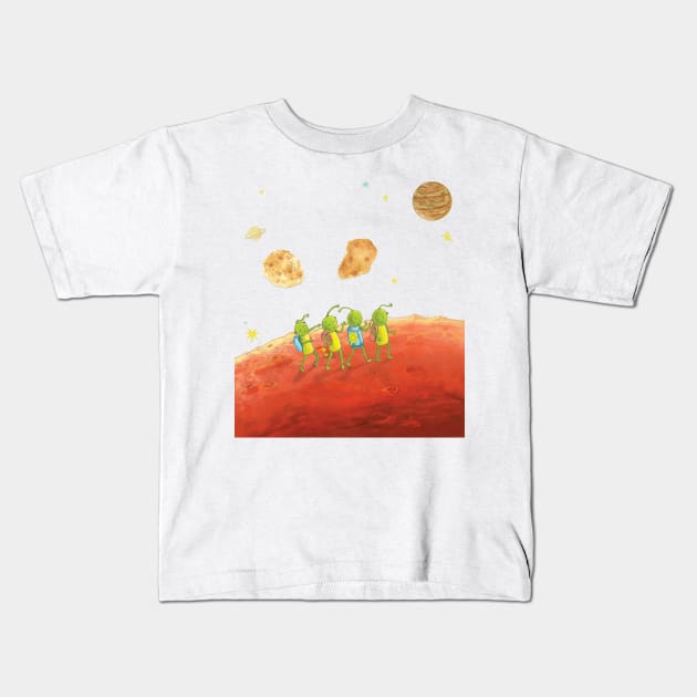 Four Little Martians under Mars moons Phobos and Deimos Kids T-Shirt by Julia Doria Illustration